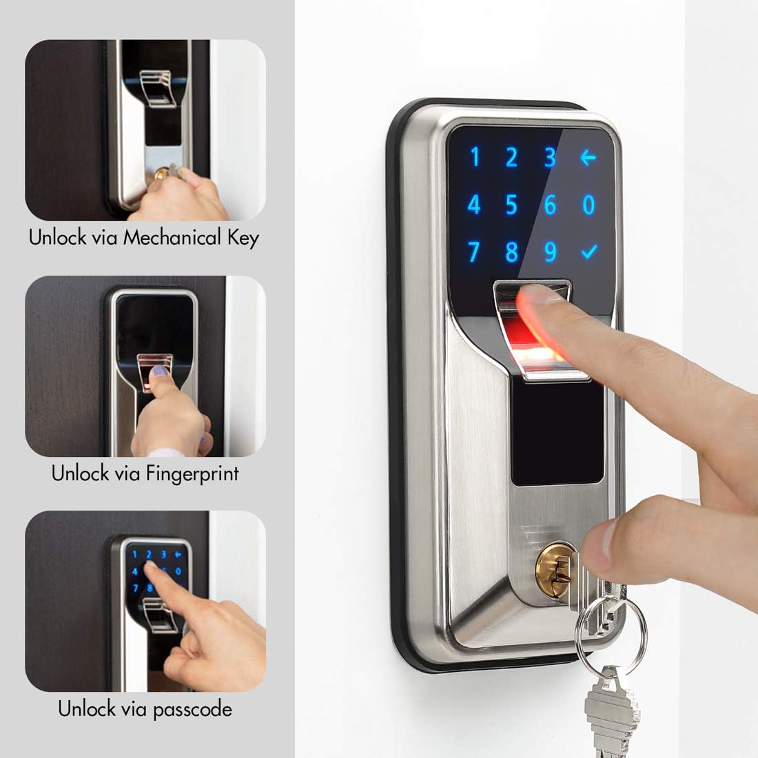 iMagic Electronic Fingerprint Deadbolt, Keypad Entry Door Lock, LED Touch Screen Keypad Lock with Built-in Alarm, One-Touch Locking and Back up Key, Easy to Install for Home and Office (Satin Nickel)
