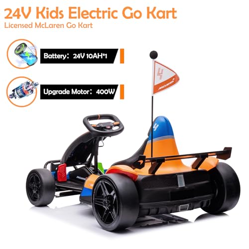 24V Electric Go Kart for Kids, 400W Powerful Motor Drift Racing Go Kart, Licensed McLaren Electric Go Kart with Drift Race Pedal, 2 Speeds Drift Kart with Damping System, Music, Racing Flag, Seat Belt