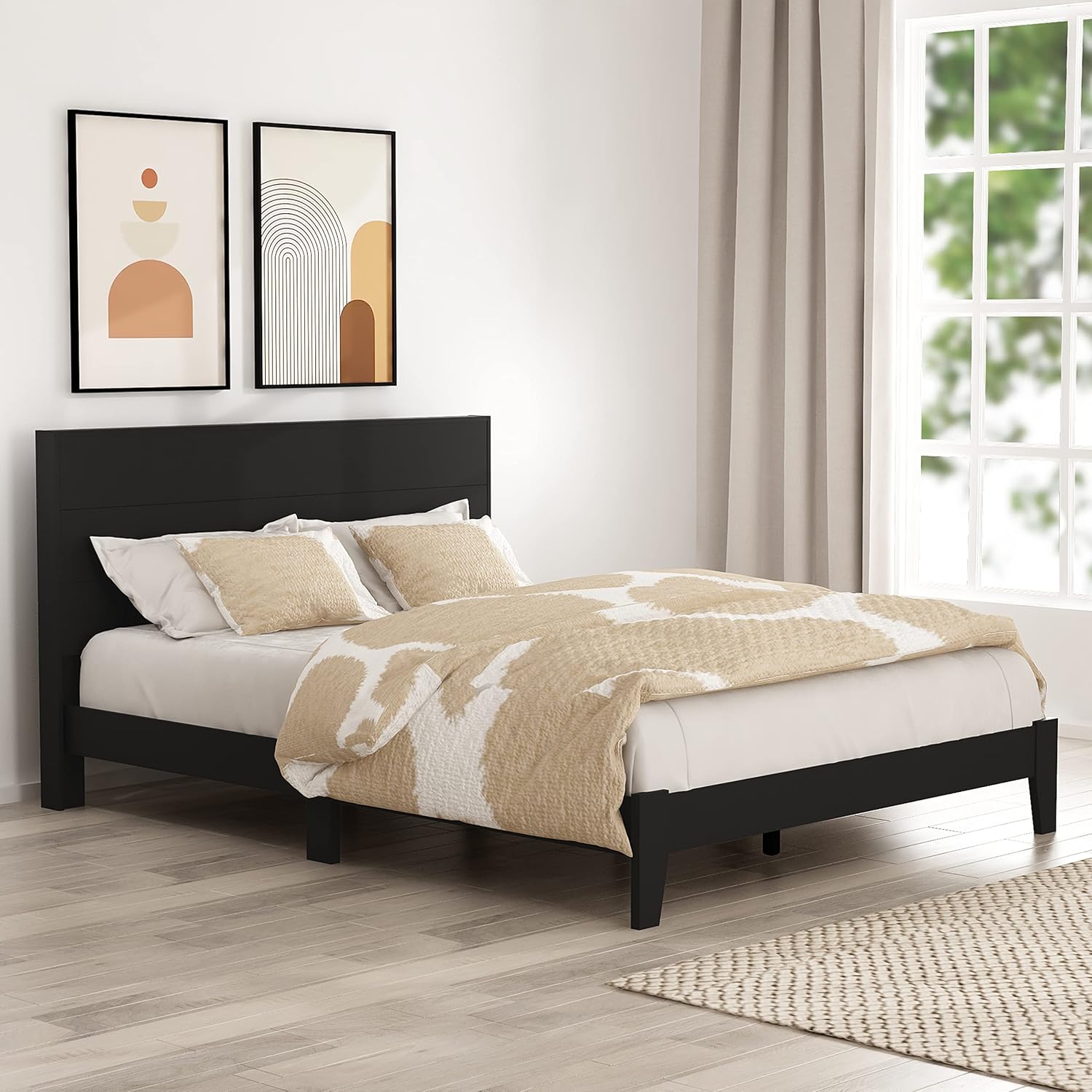 Galano Payne Deluxe Platform Queen Bed Frame with Headboard, Mattress Foundation with Wood Slat Support, No Box Spring Needed, 64.17" L x 85.31" W x 40.15" H, Black