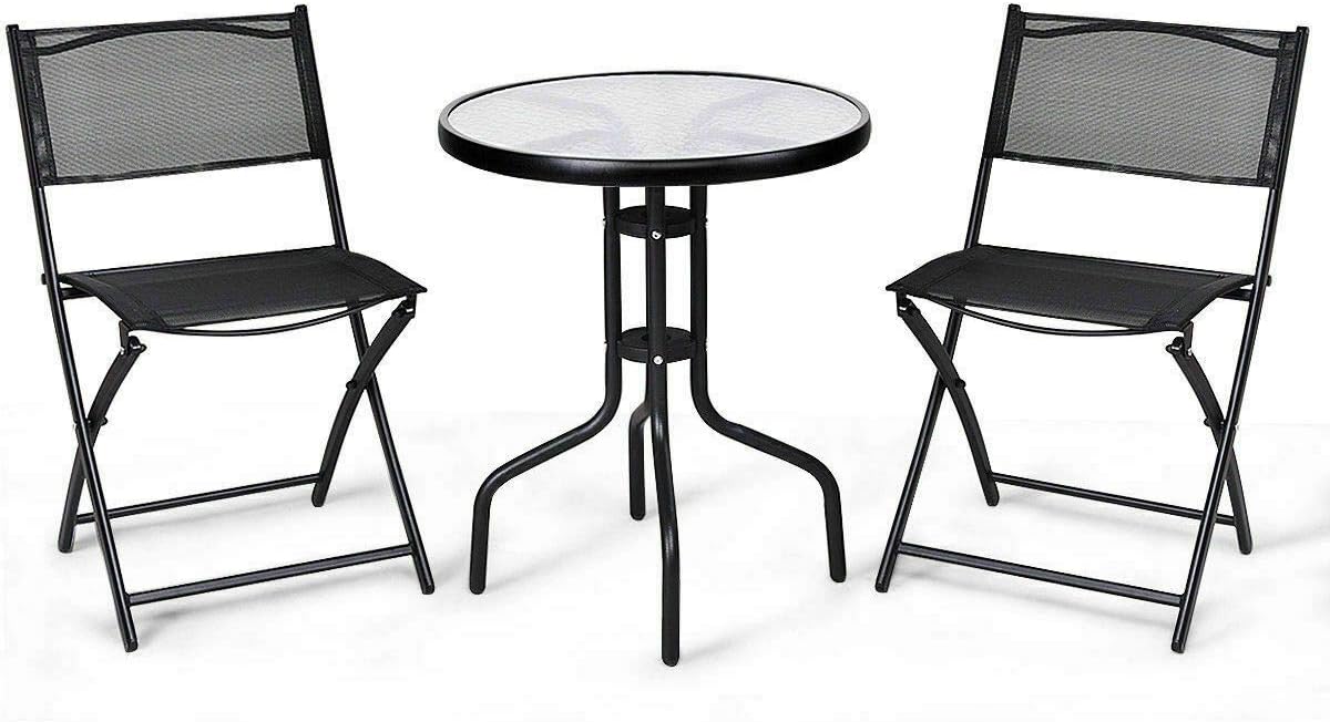 Bistro Set 3 Pcs. Round Table Tempered Glass Folding Chairs Sturdy Durable, Garden Backyard Patio Outdoor Furniture