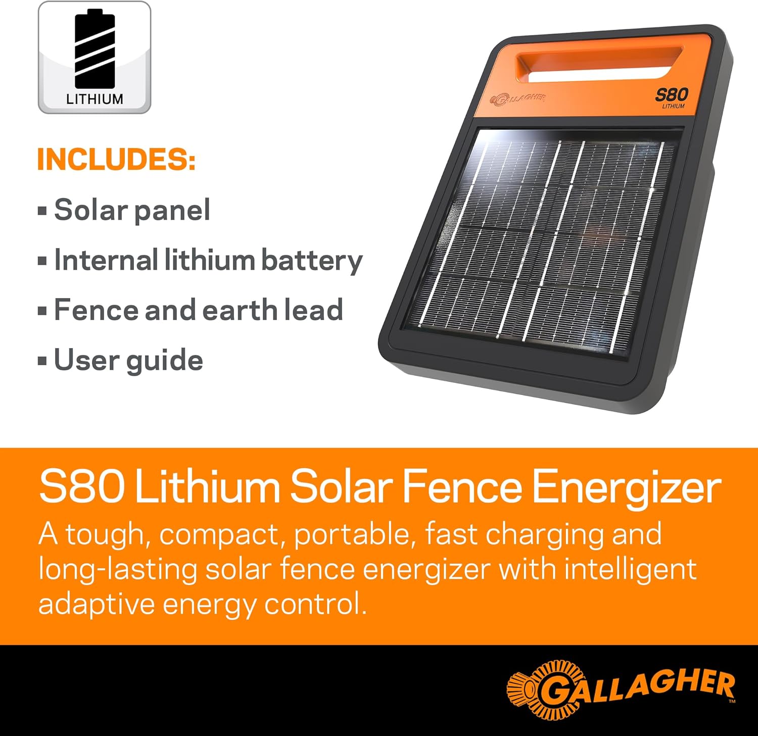 Gallagher S80 Solar Electric Fence Charger | Powers Up to 30 Miles / 100 Acres of Fence | Solar Lithium Technology | 0.8 Joule Solar Energizer for Poultry, Livestock, Gardens, and Wildlife Exclusion