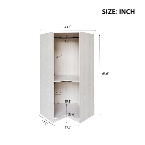 LZ LEISURE ZONE Polygon Corner Wardrobe Closet, Space-Saving Design Armoire Wardrobe Closet with Hanging Rods, Wooden Corner Wardrobe Cabinet Bedroom Closet Cabinet for Hanging Clothes, Gray