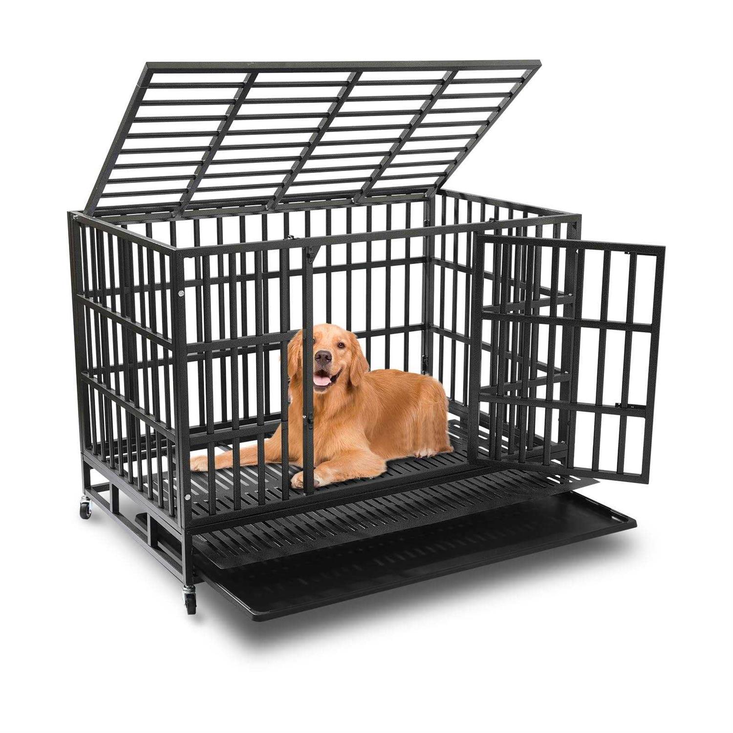 HAILANG 48 Inch Heavy Duty Dog Crate Cage Kennel with Wheels Indestructible Double Door Dog Crate with Removable Trays - Pet Supplies online store