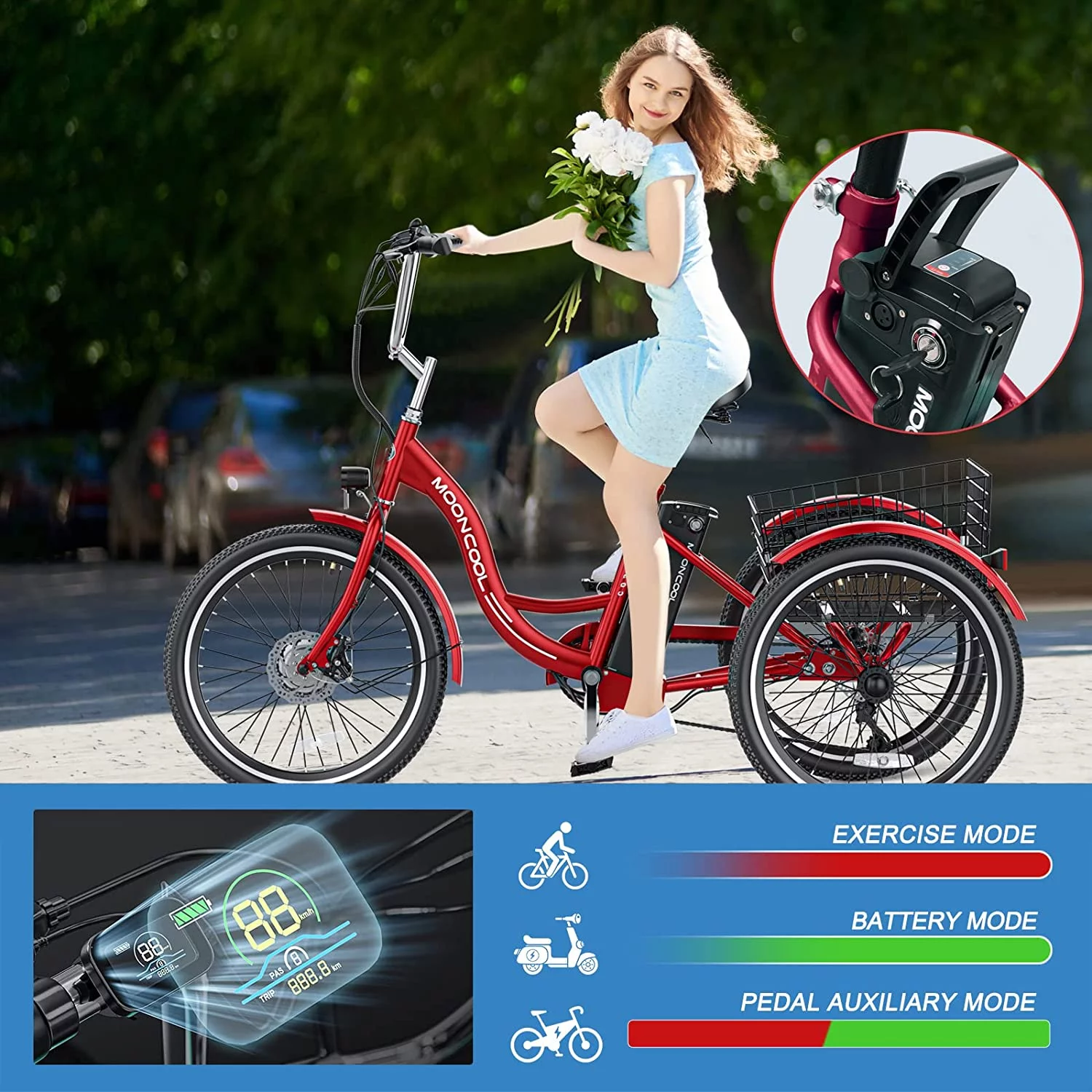 Ficisog 24" Adult Electric Tricycles, 350W 7-Speed Electric Tricycle with Removable Lithium Battery, Unisex 36V 14.5AH