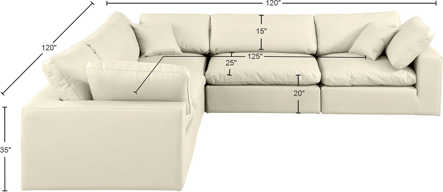 Meridian Furniture Comfy Collection Modern | Contemporary Upholstered Modular Sectional, Soft Vegan Leather, Fiber-Filled, 120" W x 120" D x 35" H, Cream