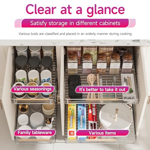 Pull Out Cabinet Organizer, Expandable(20.9"~37.9") Cabinet Drawers Slide Out, Adjustable Width Roll 0ut Shelf Cabinet Organizer for Kitchen Base Cabinet Organization (X-Large, 2Pack)