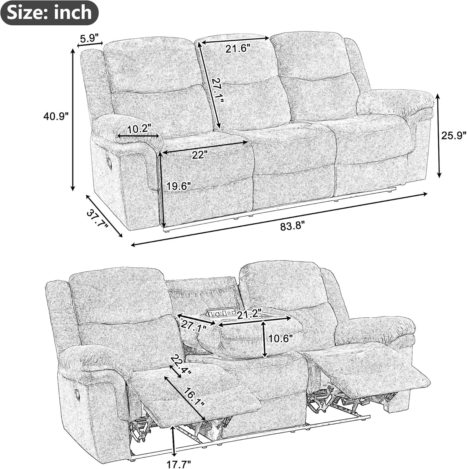 3-Piece Living Room Sets Velvet Recliner Sofa Set Reclining Chairs w/Flipped Middle Backrest,Cup Holders&Hidden Arm Storage for Elderly,Manual Home Theater Seating Lounge w/USB&Sockets for Living Room