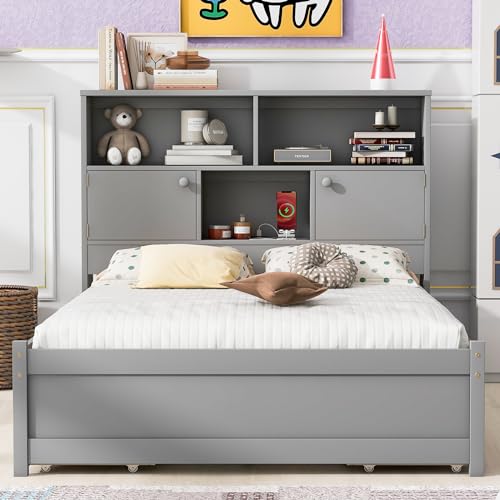 Full Size Platform 4 Storage Drawers, Charging Station & Bookcase Headboard, Wooden Bed Frame for Kids Teens Adults, No Box Spring Needed, Gray