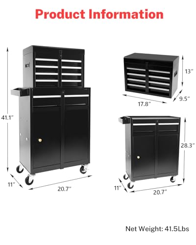 Heavy-Duty 7-Drawer Rolling Tool Chest with Wheels, Steel Tool Storage Cabinet with Lock & Liner for Workshop for Workshop/Garage - Includes 7 Organizer Boxes, Black