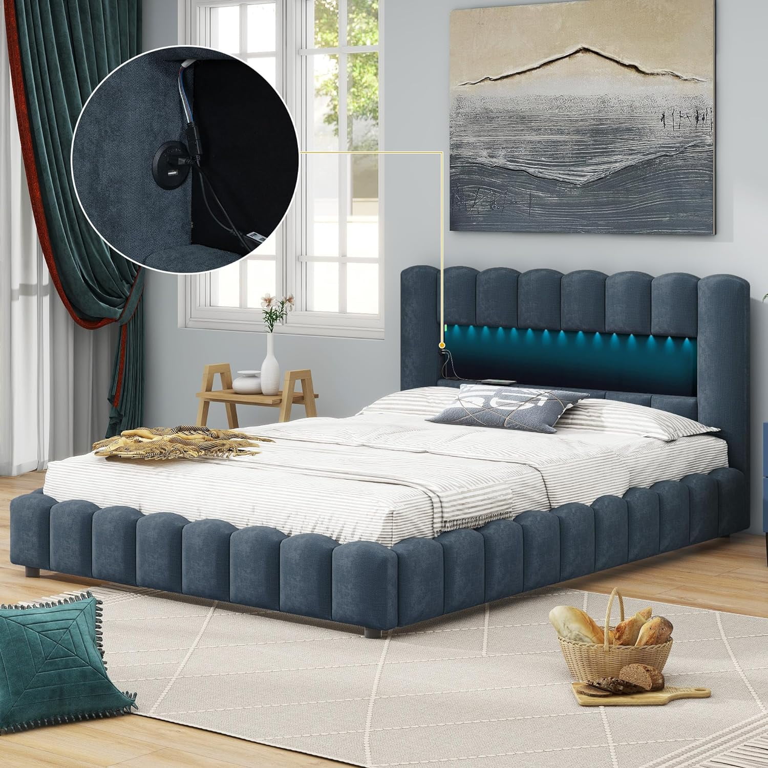 Upholstered Queen Size Bed With Lift Up Storage, USB Ports And LED Headboard, Linen Queen Platform Bed With Slats Support, No Box Spring Needed, Easy Assembly, Deep Blue