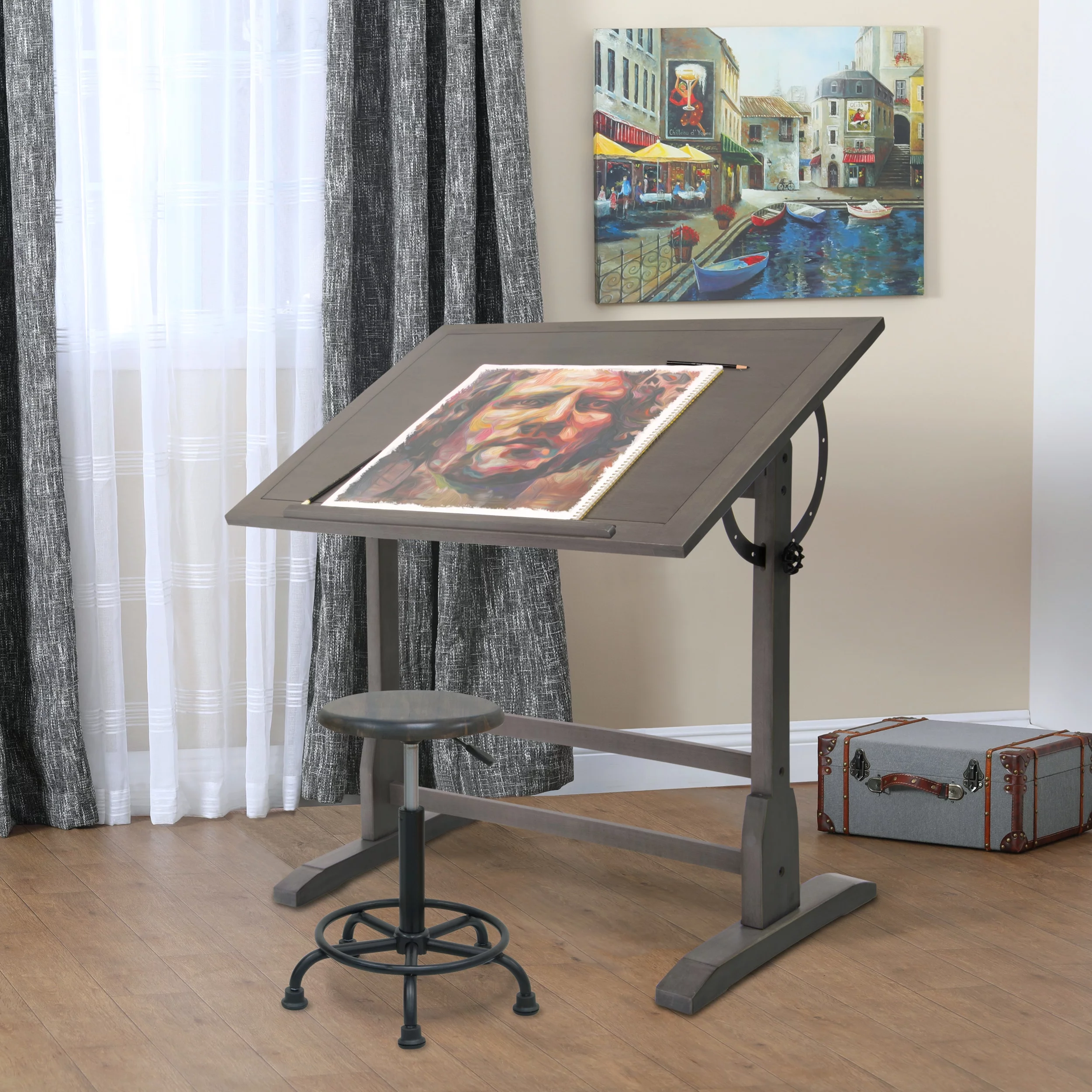 Vintage Solid Wood Drawing/Drafting Table with 36" x 24" Angle Adjustable Top