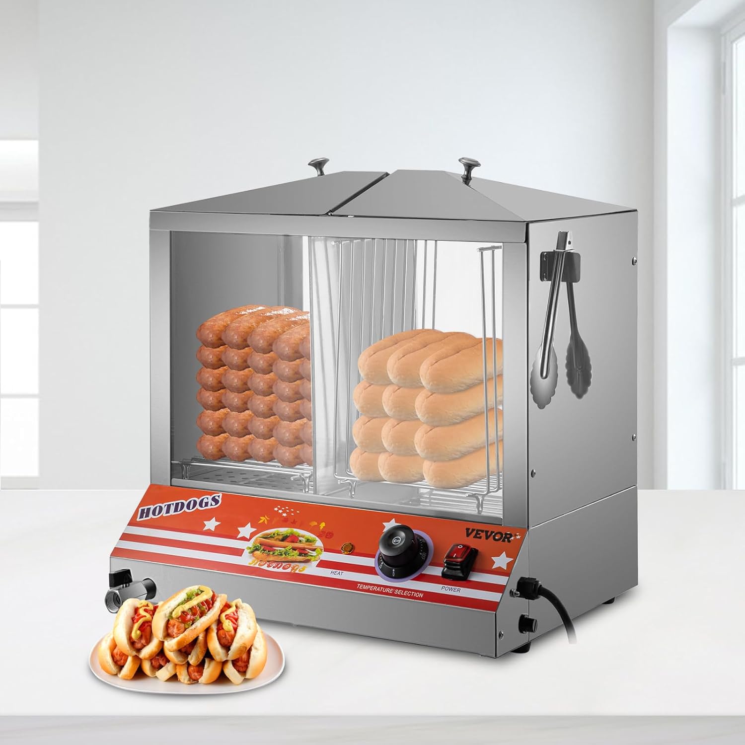 VEVOR Hot Dog Steamer, 36L/32.69Qt, Top Load Hut Steamer for 100 Hot Dogs & 48 Buns, Electric Bun Warmer Cooker with Acrylic Windows Partition Plate Shelves Food Clip PTFE Tape, Stainless Steel