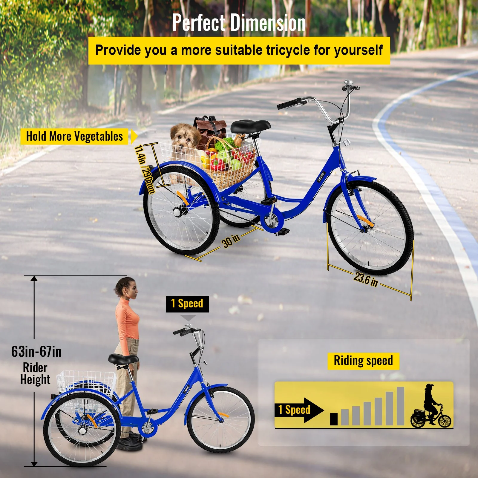 Vevor  24 in. 1-Speed 3 Wheel Blue Exercise Adult Tricycle with Large Basket