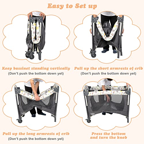 BABY JOY 4 in 1 Pack and Play, Baby Bedside Sleeper with Bassinet, 3 Adjustable Heights, Music Box, Easy to Install, Foldable Bedside Crib w/Changing Table, Playards from Newborn to Toddlers