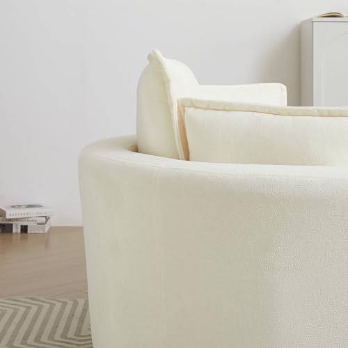 DEINPPA Modern Accent Barrel Sofa Swivel Barrel Chair with Storage Ottoman, Sofa Club Lounge,Sherpa Fabric Round Chair with 3 Pillows Soft Cushions for Living Room (White+Sherpa Fabric+Sponge)