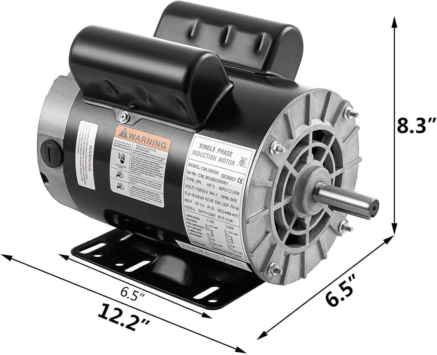 3HP Air Compressor Electric Motor,56 Frame 3450 RPM 60Hz Electric Motor,115V/230V Single Phase AC Motor for Air Compressors