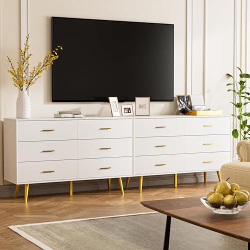 CARPETNAL White Dresser for Bedroom, 6 Drawer Dresser with Wide Drawers and Gold Metal Handles, Wood Dressers & Chest of Hallway, Entryway.