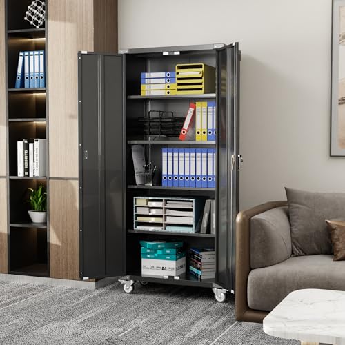 Metal Storage Cabinet with Wheels, 71" Tall Garage Storage Cabinet with 5 Tier Shelves and Locking Doors, Rolling Tool Cabinet for Garage Home Office Utility Room