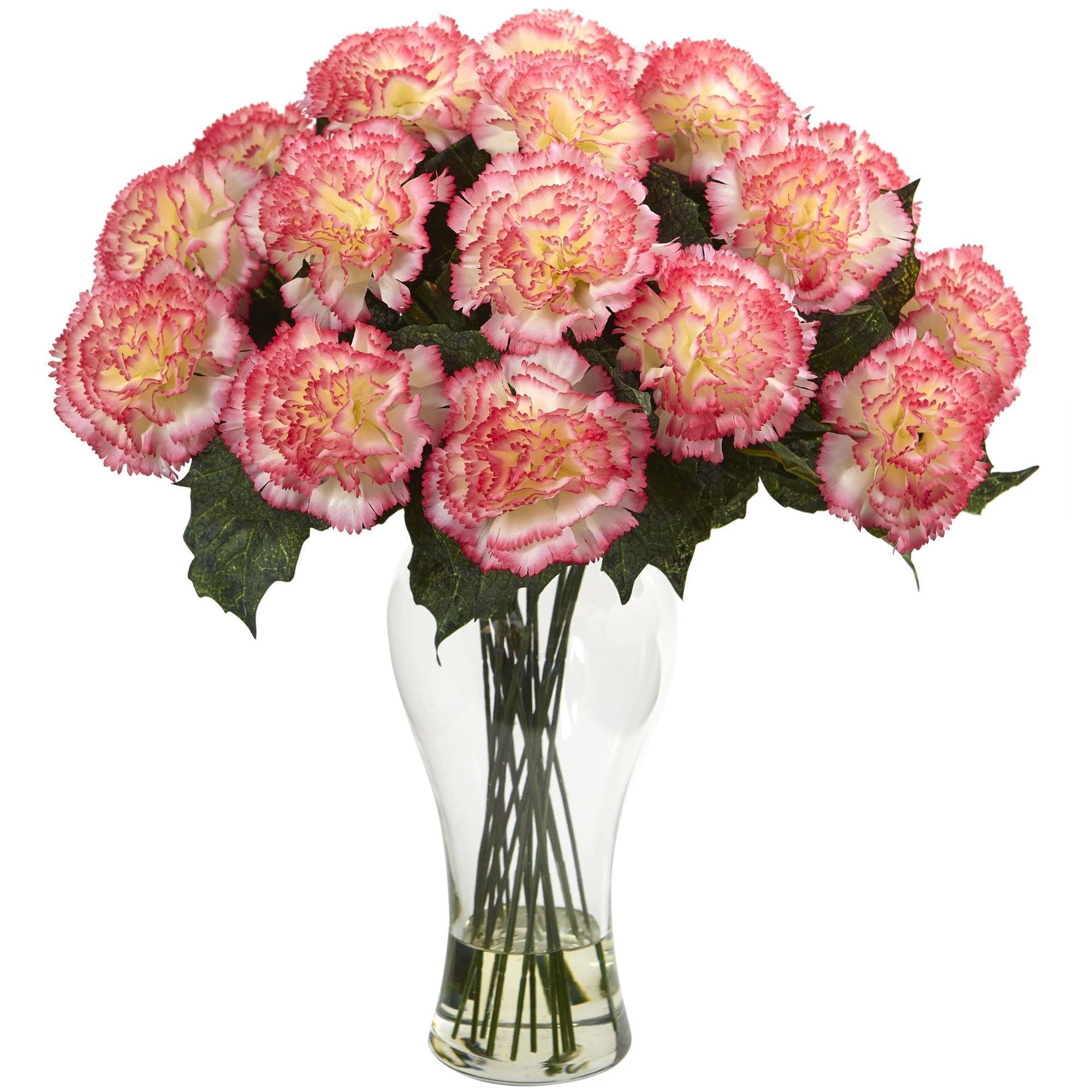 Nearly Natural Blooming Carnation Arrangement w/Vase Orange