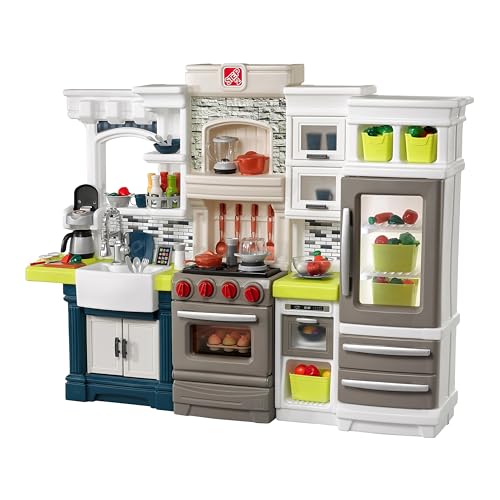 Step2 Elegant Edge Kids Kitchen Playset, Indoor/Outdoor Kitchenette, Interactive Play with Lights and Sounds, Made of Durable Plastic, Includes 78 Piece Toy Accessories, For Toddlers 3+ Years Old