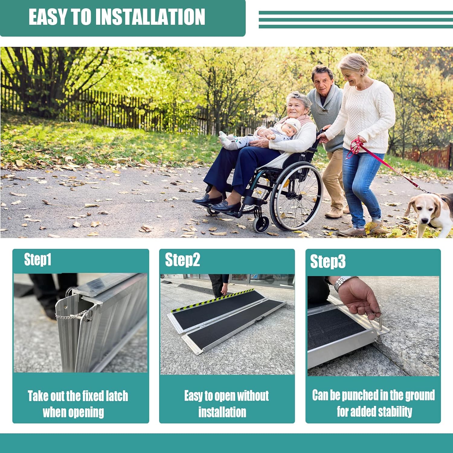 Non-Skid Aluminum Portable Folding Wheelchair Ramp, Threshold Ramp with a Slip-Resistant Surface, Handicap Ramp for Home, Steps, Stairs, Doorways (Portable,8 Foot)