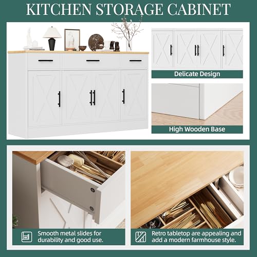 Shintenchi Buffet Cabinet with Storage,53.4" Large Kitchen Storage Cabinet with 3 Drawers and 4 Doors,Wood Farmhouse Buffet Sideboard with Adjustable Shelf for Kitchen Living Room,White