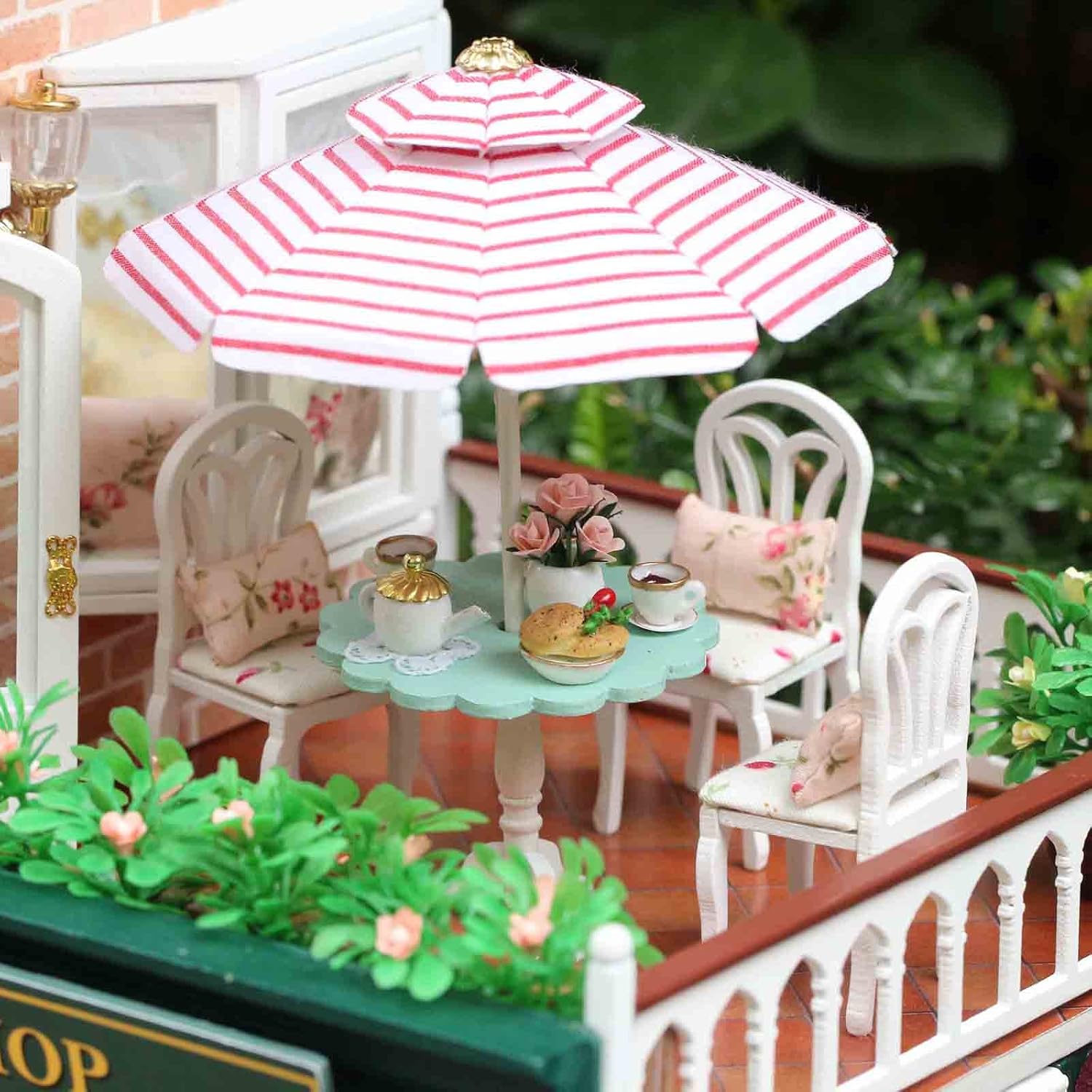 Ogrmar Wooden Dollhouse Miniatures DIY House Kit with Led Light and Dust Cover-Paris Coffee & Cake Shop