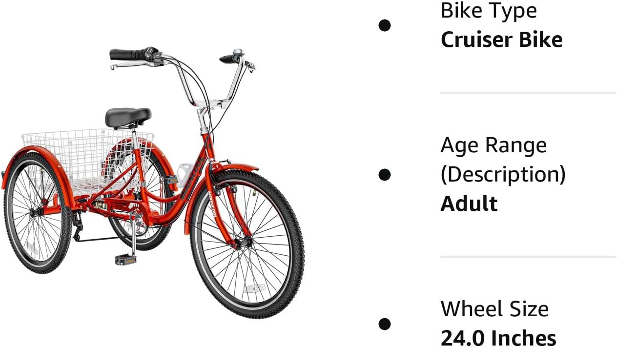 Adult Tricycle 7 Speed 3 Wheel Bike Adult Trikes, Three-Wheeled Bicycles Cruise Trike with Basket for Seniors, Women, Men for Recreation Shopping (24", Red)