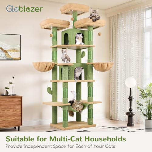 Globlazer Big Cat Tower for Indoor Cats, 80inch Cat Tower for Multiple Adult Cats XXL Cat Tree with Scratching Post, Hammock, 3 Perches, 2 Condos, 2 Hanging Basket, F80, Light Grey