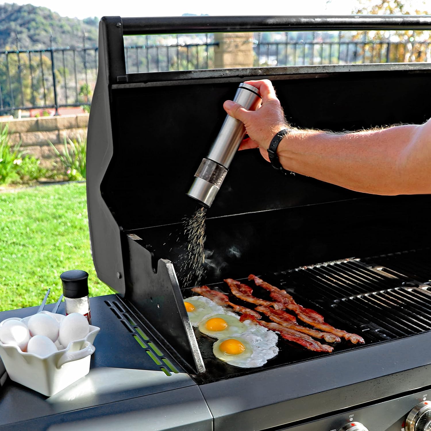 Brand-Man 3-Burner Propane Gas BBQ Grill, Stainless Steel Cabinet Style Grill 30000 BTU for Outdoor Cooking Kitchen Island and Patio Backyard Barbecue with Fold-out Prep Table, Gray