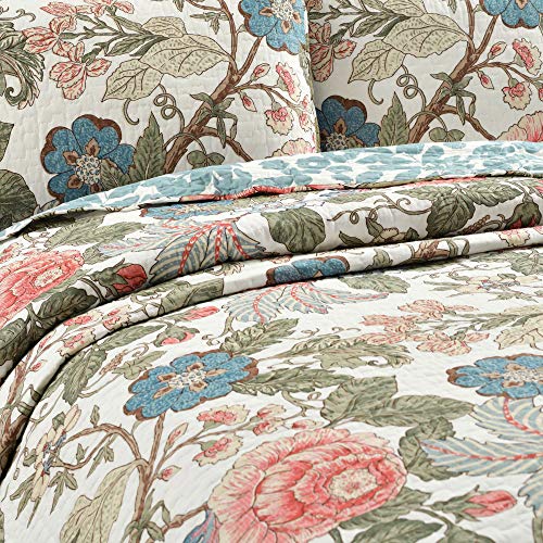 Lush Decor Sydney Reversible Cotton Quilt Neutral 3 Piece Set King - Soft Lightweight Printed Floral Bedding Set for All Season