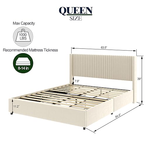 Queen Size Linen Upholstered Platform Bed Frame with 4 Storage Drawers and Wingback Headboard, Wooden Slat Mattress Support, No Box Spring Needed, Grey
