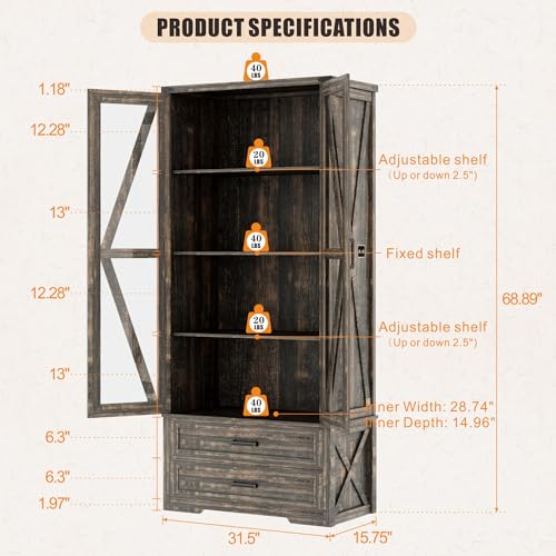 Farmhouse Storage Cabinet 68" Tall, Large Wood Kitchen Pantry Cabinet with Drawers & Shelves, LED Display Cabinet Bookcase for Living Room/Bedroom/Office, Antique White