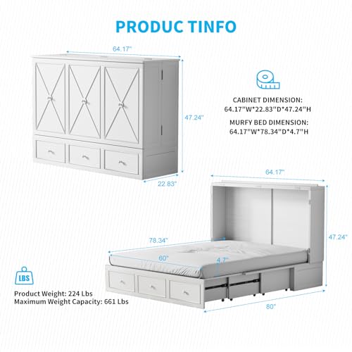 Mjkone Murphy Bed Cabinet with Tri-Folding Mattress, USB Charging Station & Storage Drawers, Multi-Purpose Guest Room Wall Bed, Space-Saving Murphy Cabinet Bed - Grey