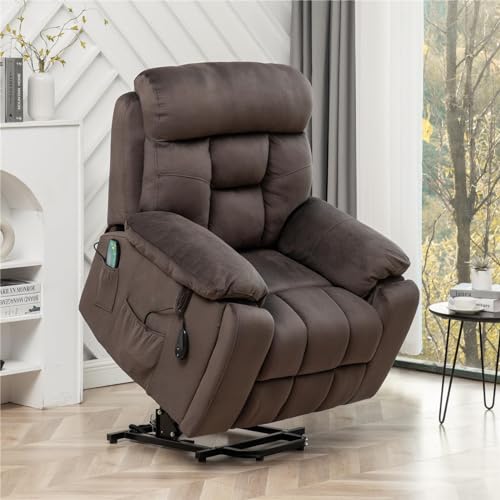 Power Recliner Lift Chair for Elderly - Extra Wide Recliner Lift Chair with Heat and Massage Suit for Big and Tall Man, Lay Flat Recliner Chairs for Elderly, Remote Control (Brown)