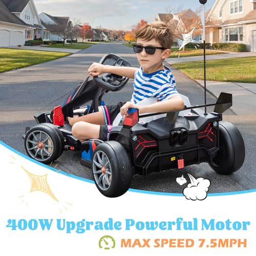 36V Electric Go Kart for Kids, Licensed BMW Battery Powered Drift Racing Go Kart, 7.5 MPH Drift Kart with Dual 300W Powerful Motor, Kids Race Pedal Go Karting Car w/Adjustable Speed, White