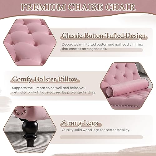 Chaise Lounge Chair Indoor, Modern Button Tufted Velvet Upholstered Leisure Accent Chair with Solid Wood Legs & Lumbar Pillow, Recliner Sofa Single Sleeper Sofa for Living Room, Bedroom, Pink