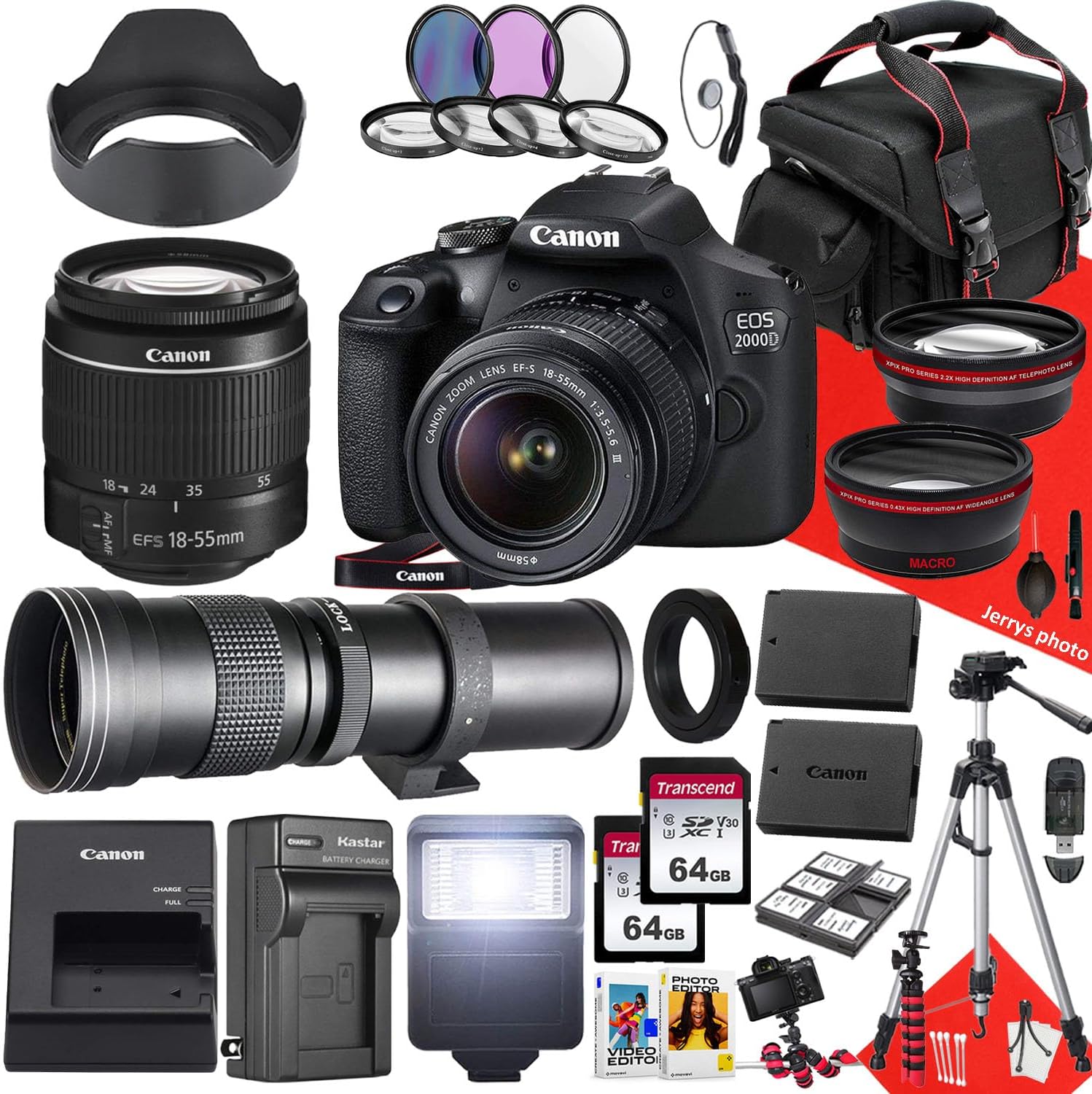 Canon EOS 2000D / Rebel T7 DSLR Camera with Canon EF-S 18-55mm F/3.5-5.6 DC III Zoom and 420-800mm f/8.3 HD Telephoto Zoom Lens + 128 GB Memory + Filters + Tripod + More (33pc Bundle) (Renewed)