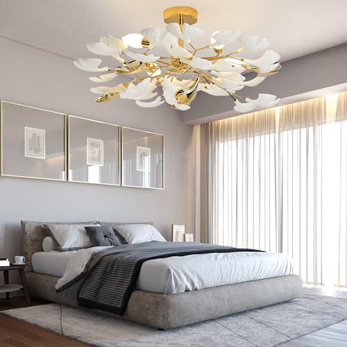 Bedroom Chandelier Ceiling Light, Gold Ceramic Ginkgo Leaf Chandeliers Brass Semi Flush Mount Chandelier Light Fixture for Kitchen Living Room Dining Room, 24" Ceiling Light Fixture