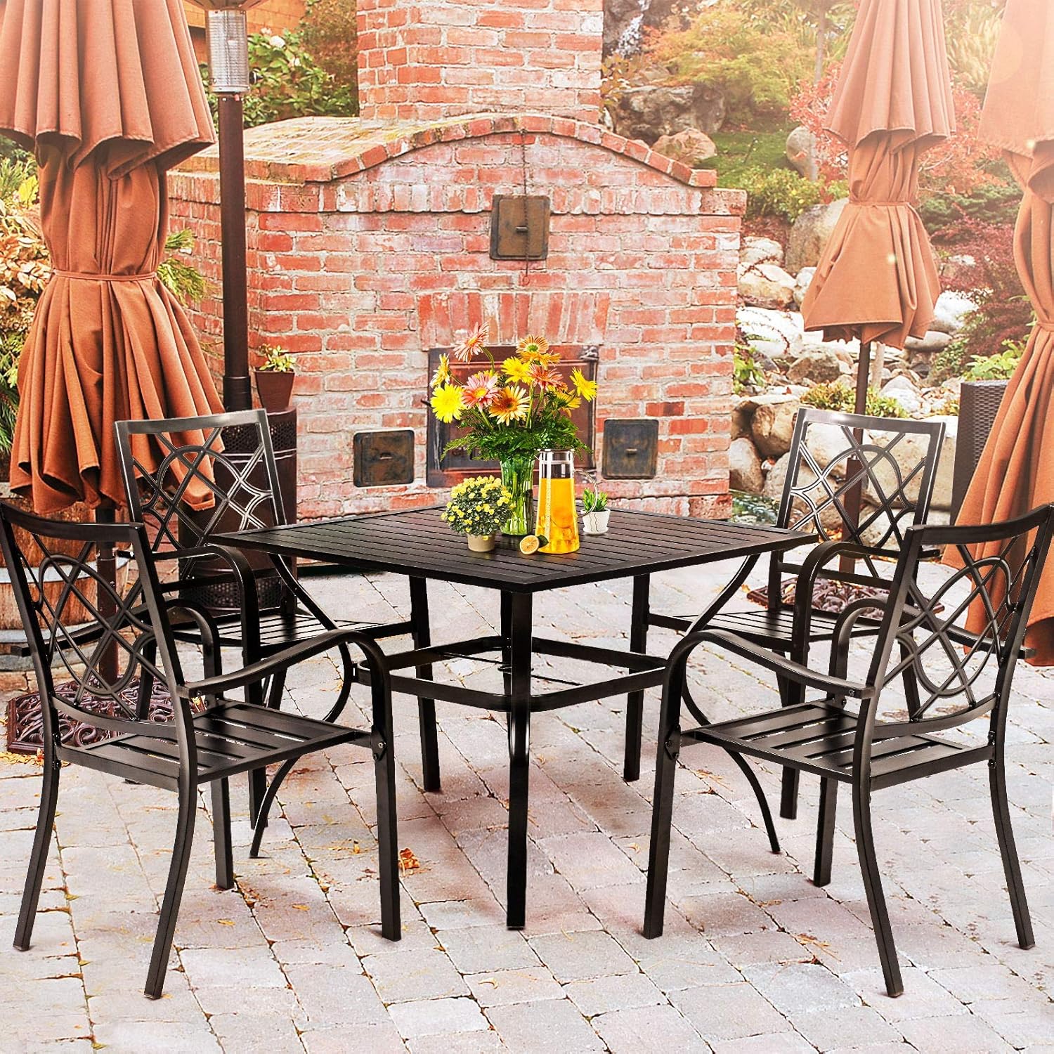 SUNCROWN 5-Piece Outdoor Wrought Iron Chairs and Table Patio Dining Furniture Set - 4 Stackable Metal Chairs and 1 Square Steel Slat Bistro Table with 1.57" Umbrella Hole for Backyard Garden Deck