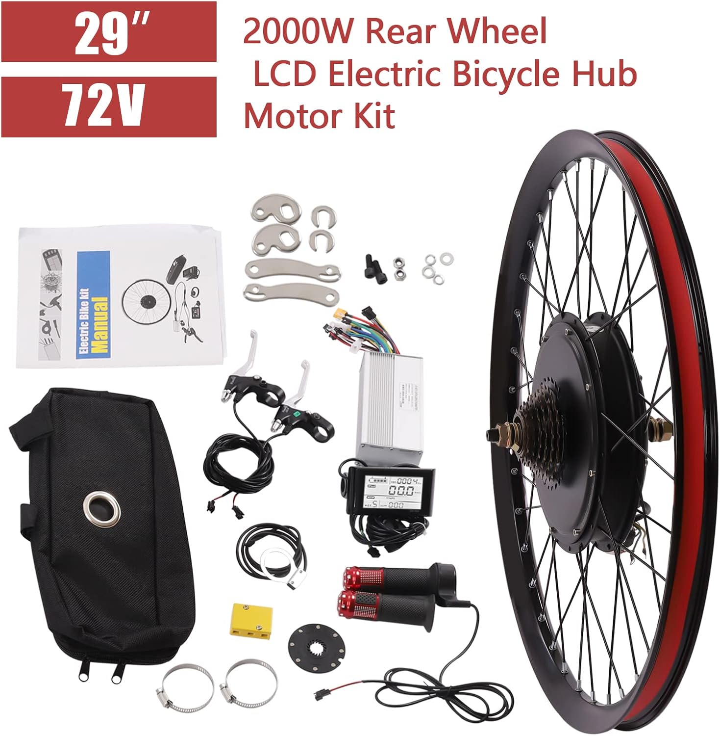 Rear Wheel Motor, 72V 2000W Electric Bicycle Conversion Kit Electric Bicycle Rear Wheel Hub Motor with Mutifunction LCD Display for 29-Inch Bikes, Convert Ordinary Bicycles Into Electric Bicycles