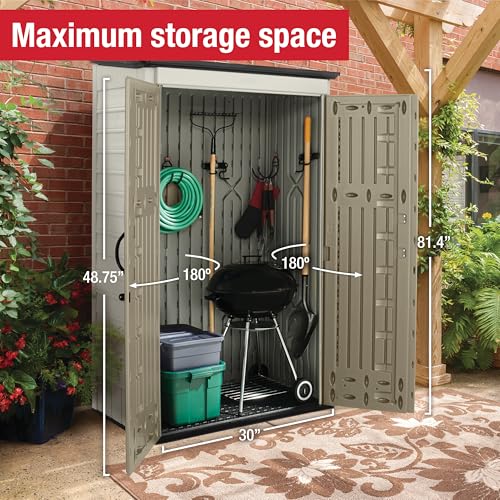 Rubbermaid Vertical Resin Outdoor Storage Shed With Floor (4 x 2.5 Ft) Weather Resistant Beige/Brown Organization for Home/Backyard/Pool Chemicals/Toys/Garden Tools/Porch/Patio Cushions