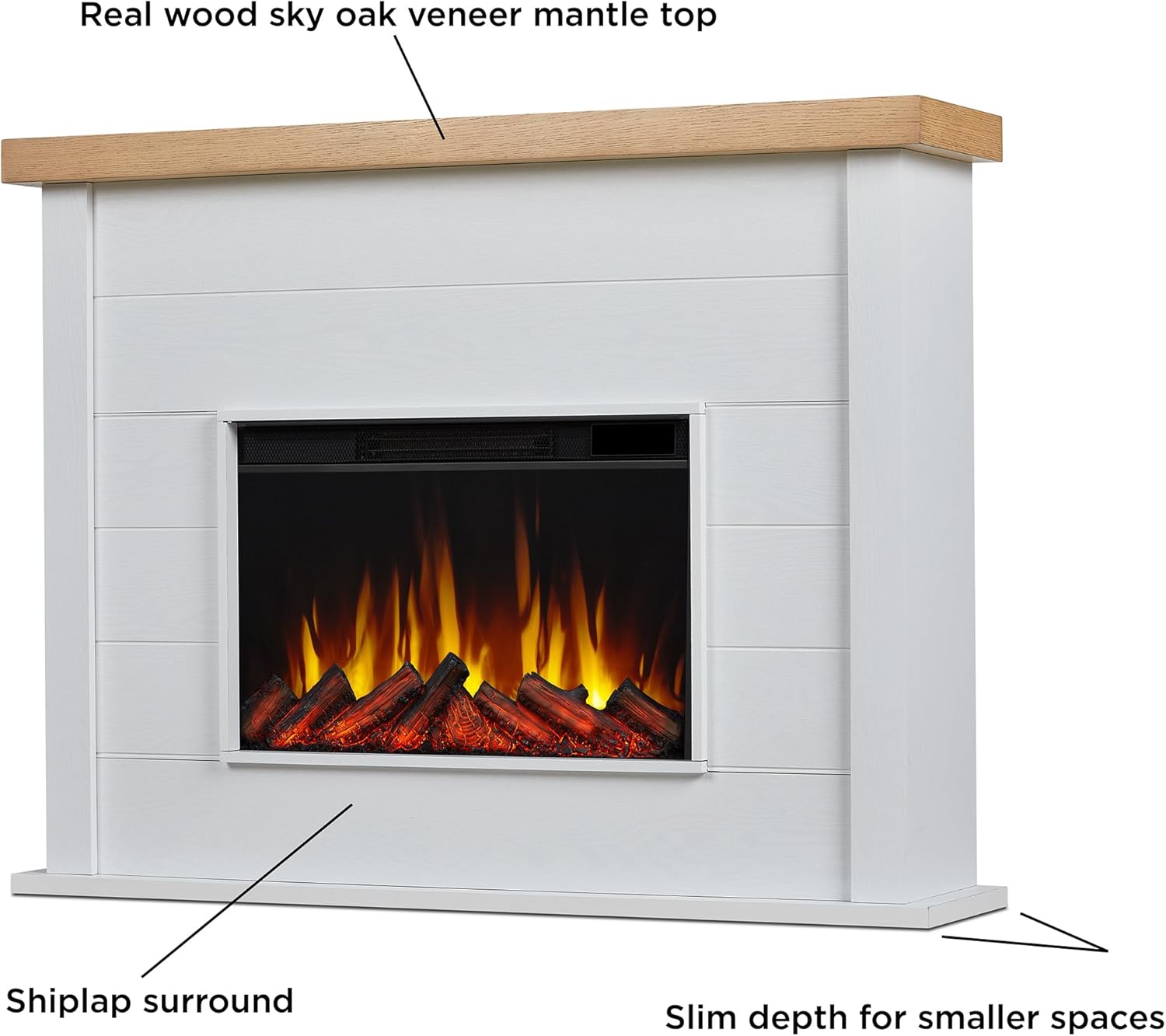 Real Flame Marshall 49" Slim Electric Fireplace with Mantel for Living Room or Bedroom, Replaceable Fireplace Insert Heater, Realistic Log and Flame Effect, Remote Control, White