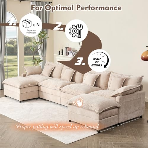 108" U Shaped Couch, Modular Sectional Sofa, 3-Seater Comfy Cloud Couch with Movable Ottoman, Deep Seat Couches for Living Room, Chenille, Black