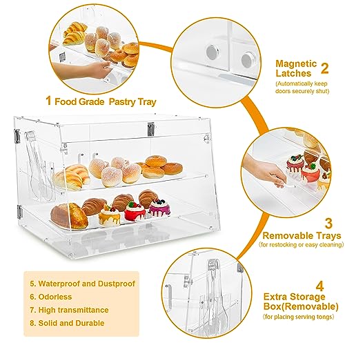 3 Tray Commercial Countertop Bakery Display Case 21" x 17.3" x 14" Acrylic Pastry Display Case with Serving Tong, Bread Display Case with Front & Rear Doors