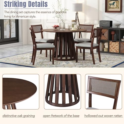 47.2'' Round Dining Table Set for 4 6 Wood Dining Room Table and 4 Upholstered Chairs 5-Piece Kitchen Table Leisure Coffee Table with Rattan Backrests Chairs, Walnut