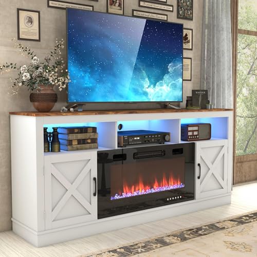 Farmhouse Fireplace TV Stand for 70/75/80 Inch TV, 32”Tall Entertainment Center w/ 36”Electric Fireplace & LED Light, 70”Media Console w/Barn Door Cabinet for Living Room, Grey