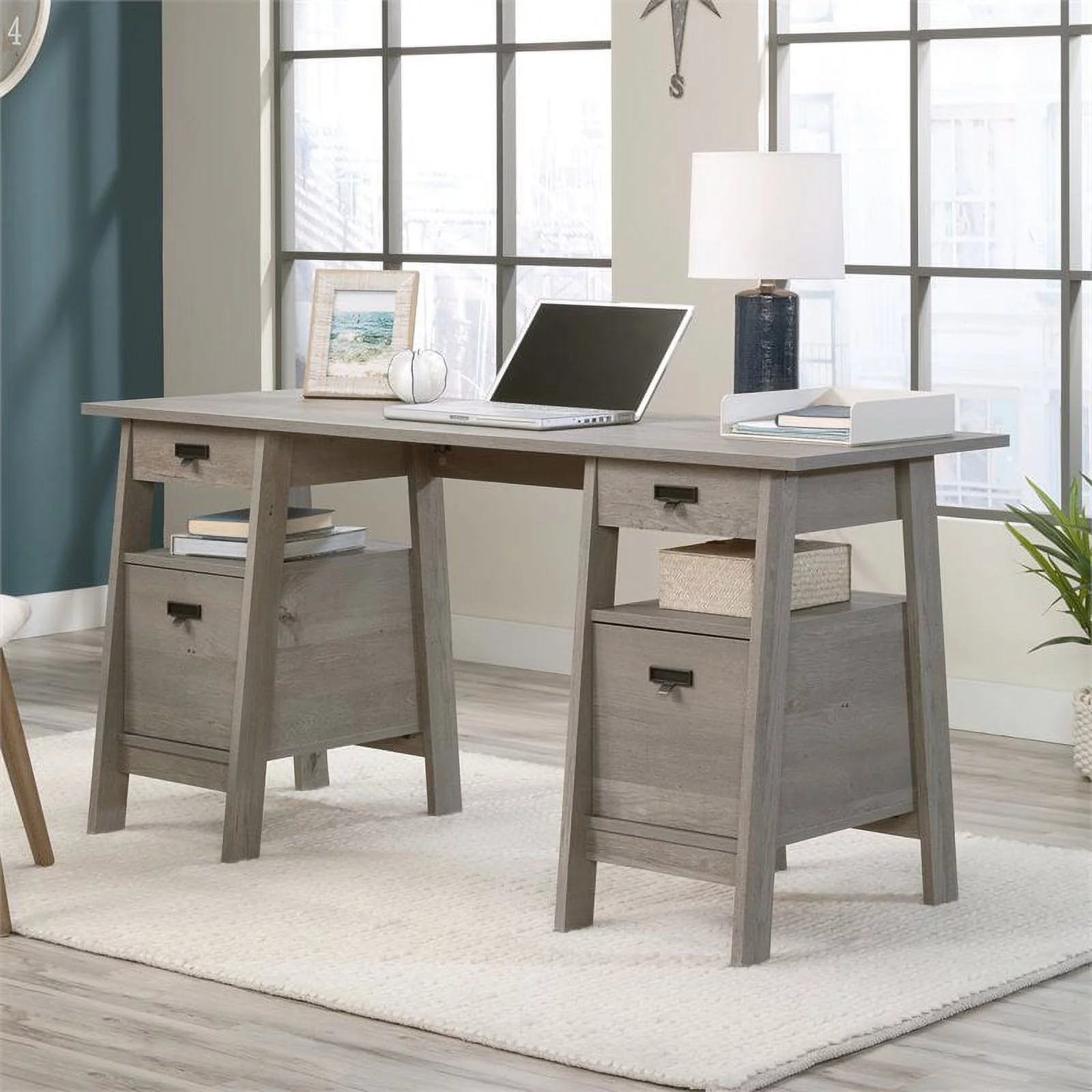 Sauder Trestle Executive Desk with Drawers, Mystic Oak Finish