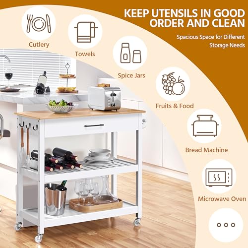 Yaheetech Kitchen Island Cart on Wheels with Bamboo Tabletop, 3-Tier Rolling Kitchen Island Microwave Cart with Drawer, Detachable Towel, 3 Hooks, 17" D x 37.5" W, White