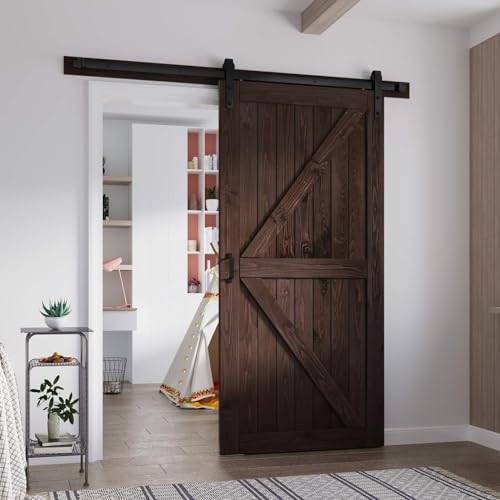 FREDBECK 36in x 84in Brown Barn Door with 6.6ft (79inch) Barn Door Hardware Track Kit and Handle Included, Double Surfaces,Simple Assembly is Required,K-Frame,Coffee